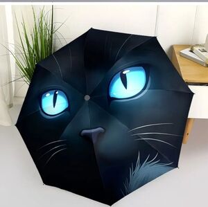 🆕️☔️🐈‍⬛️ BLUE-EYED BLACK CAT FACE COMPACT UMBRELLA🐈‍⬛️☔️